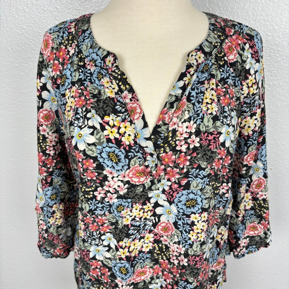 Chelsea & Theodore Floral Boho Peasant Blouse Women's Small Black Multi Viscose - Picture 2 of 11